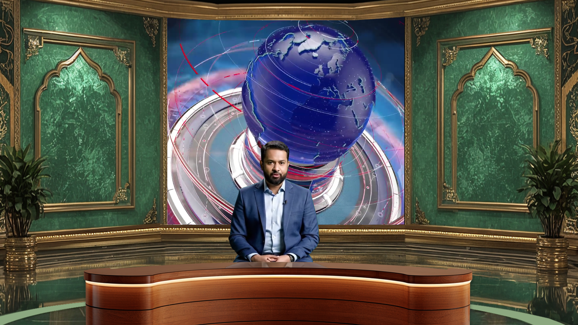 Digital design of a professional virtual studio set by elefair for vMix, talk shows, and news broadcasts.