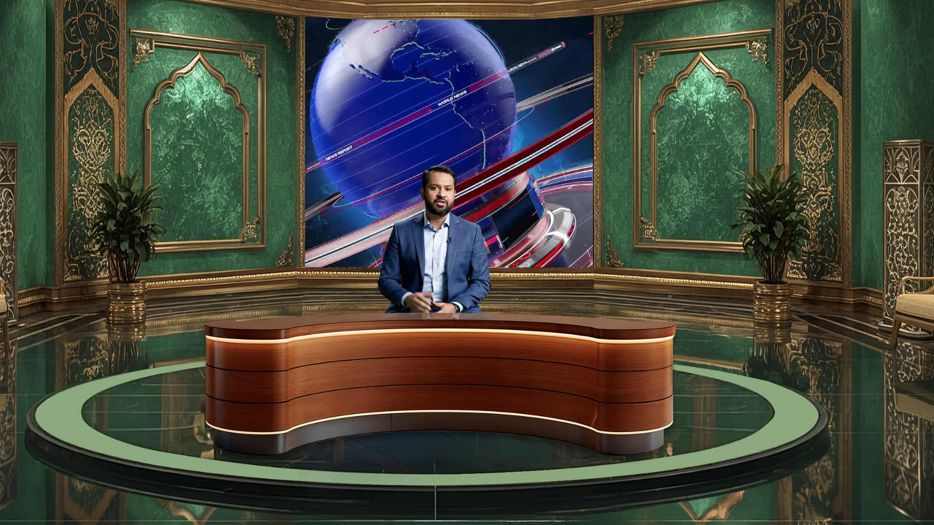 Digital design of a professional virtual studio set for vMix, talk shows, and news, created by elefair.