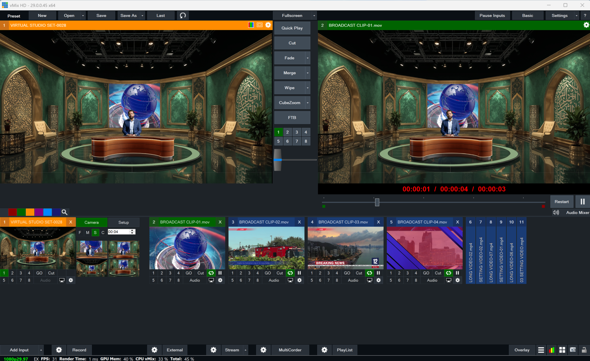 Digital design of elefair's professional virtual studio set for vMix, talk show, and news production, with studio background and equipment.