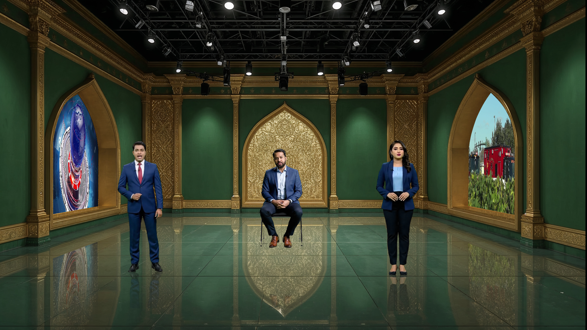 Digital design of a professional virtual studio set for vMix, talk shows, and news, created by elefair.