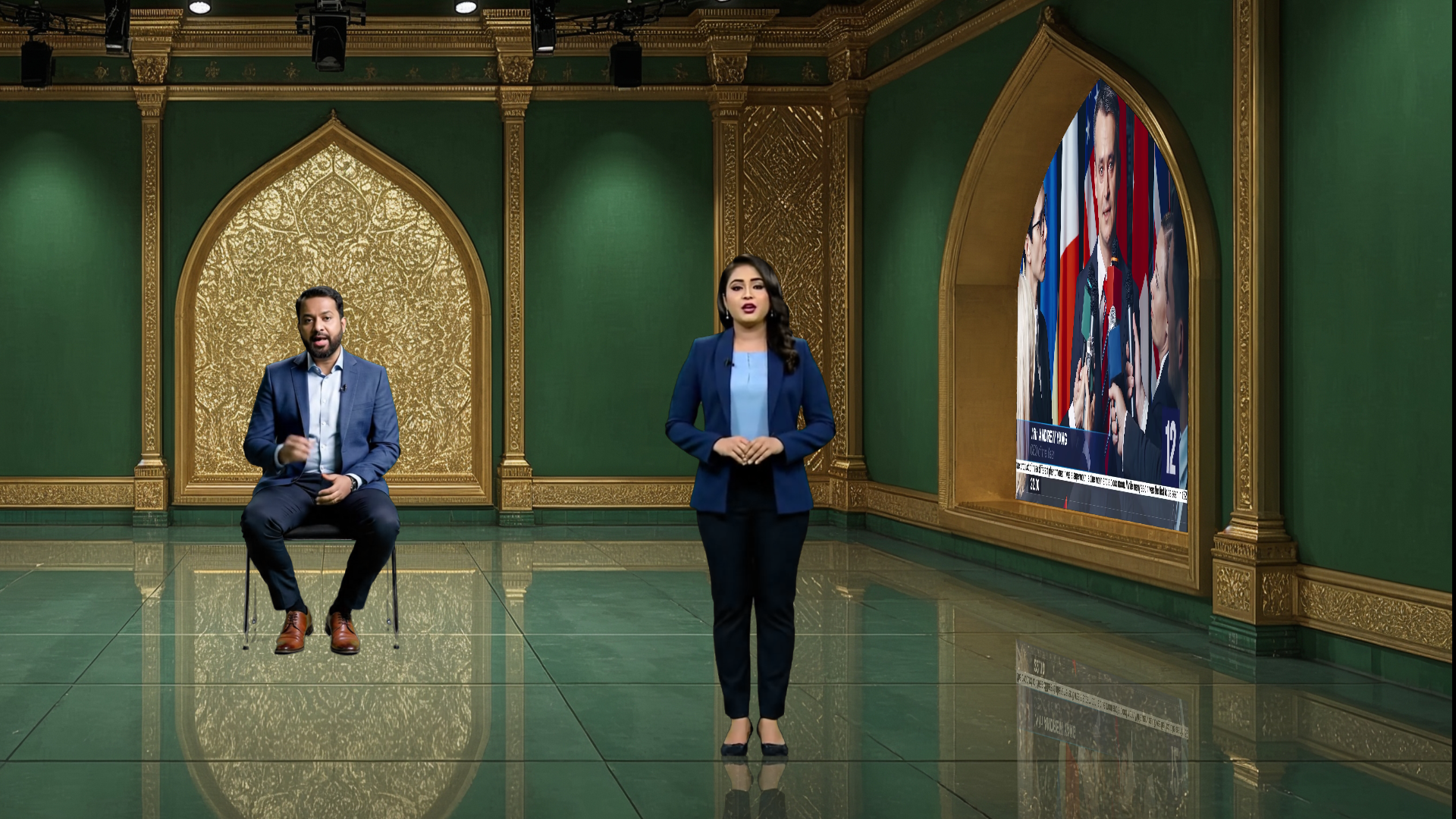 Digital design of elefair's professional virtual studio set for vMix, ideal for talk shows and news broadcasts.