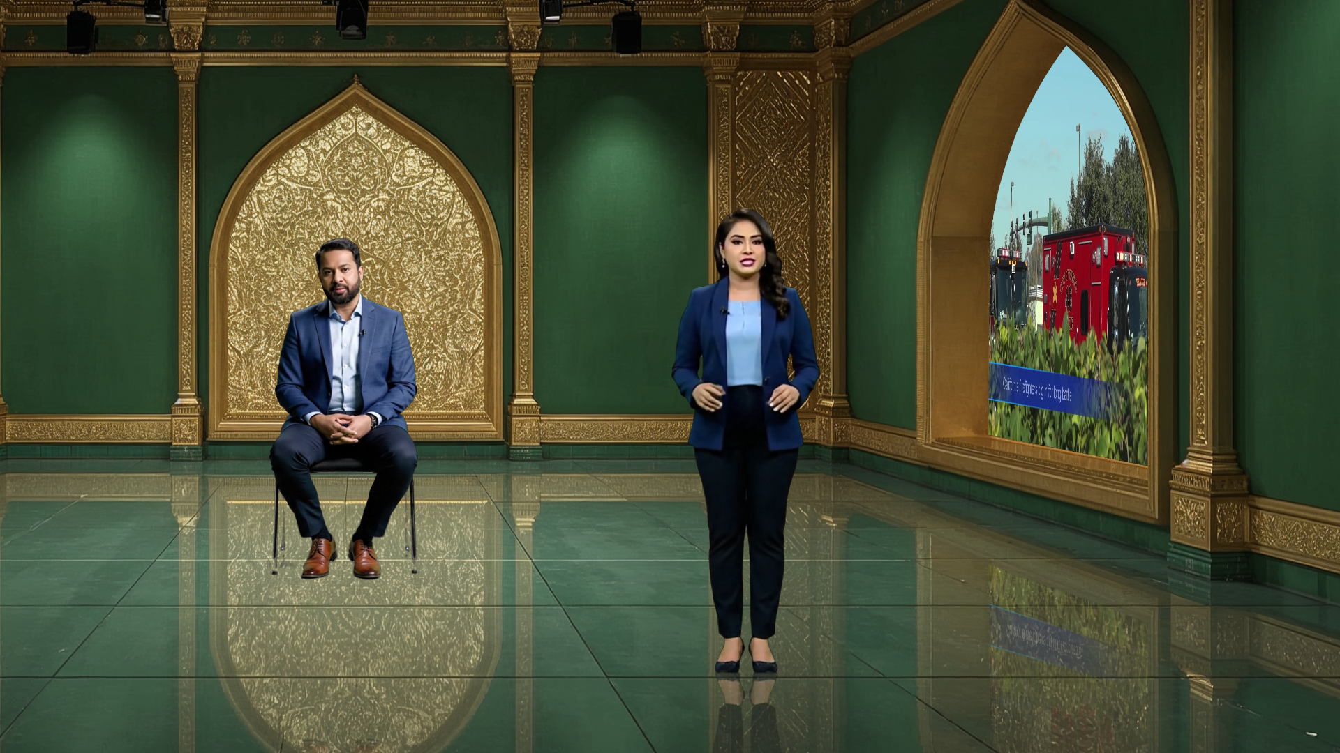 Digital design of elefair's professional virtual studio set for vMix, ideal for talk shows and news broadcasts, default style.