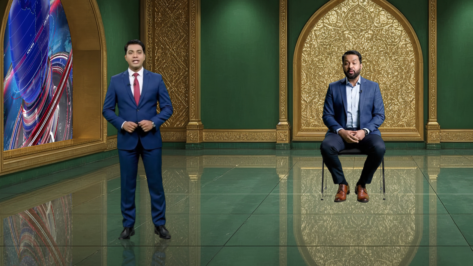 Digital design of elefair's professional virtual studio set for vMix, ideal for talk shows and news broadcasts.
