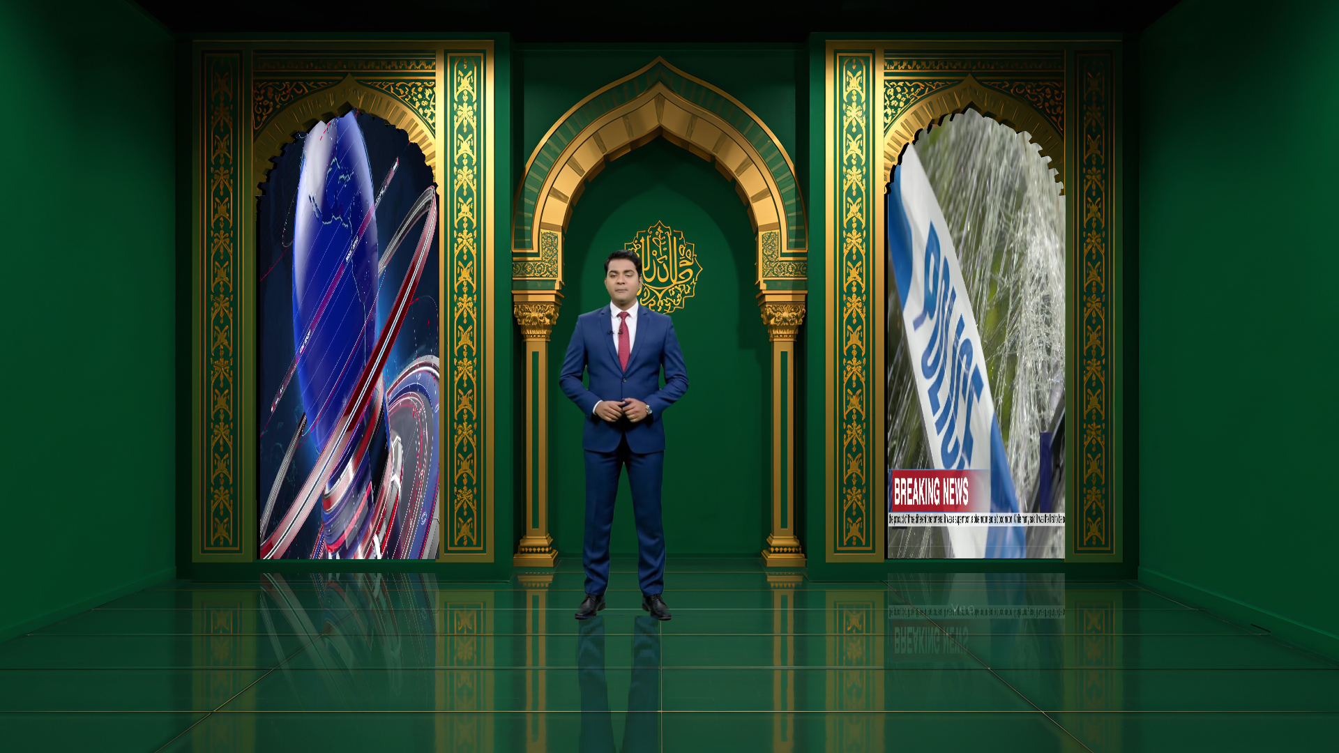 Digital design of elefair professional virtual studio set for vMix, talk shows, and news broadcasts with modern studio background.