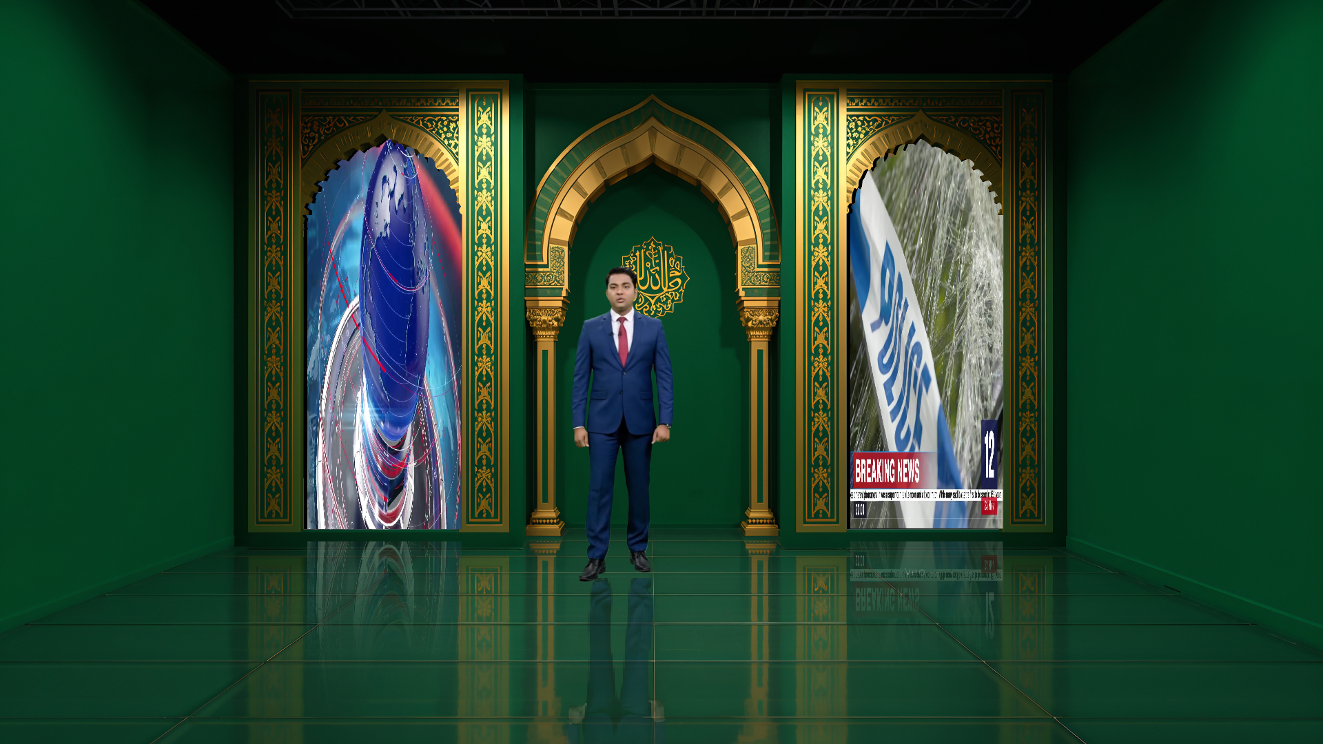 Elefair professional virtual studio set for vMix, talk show, and news production, featuring digital design elements.