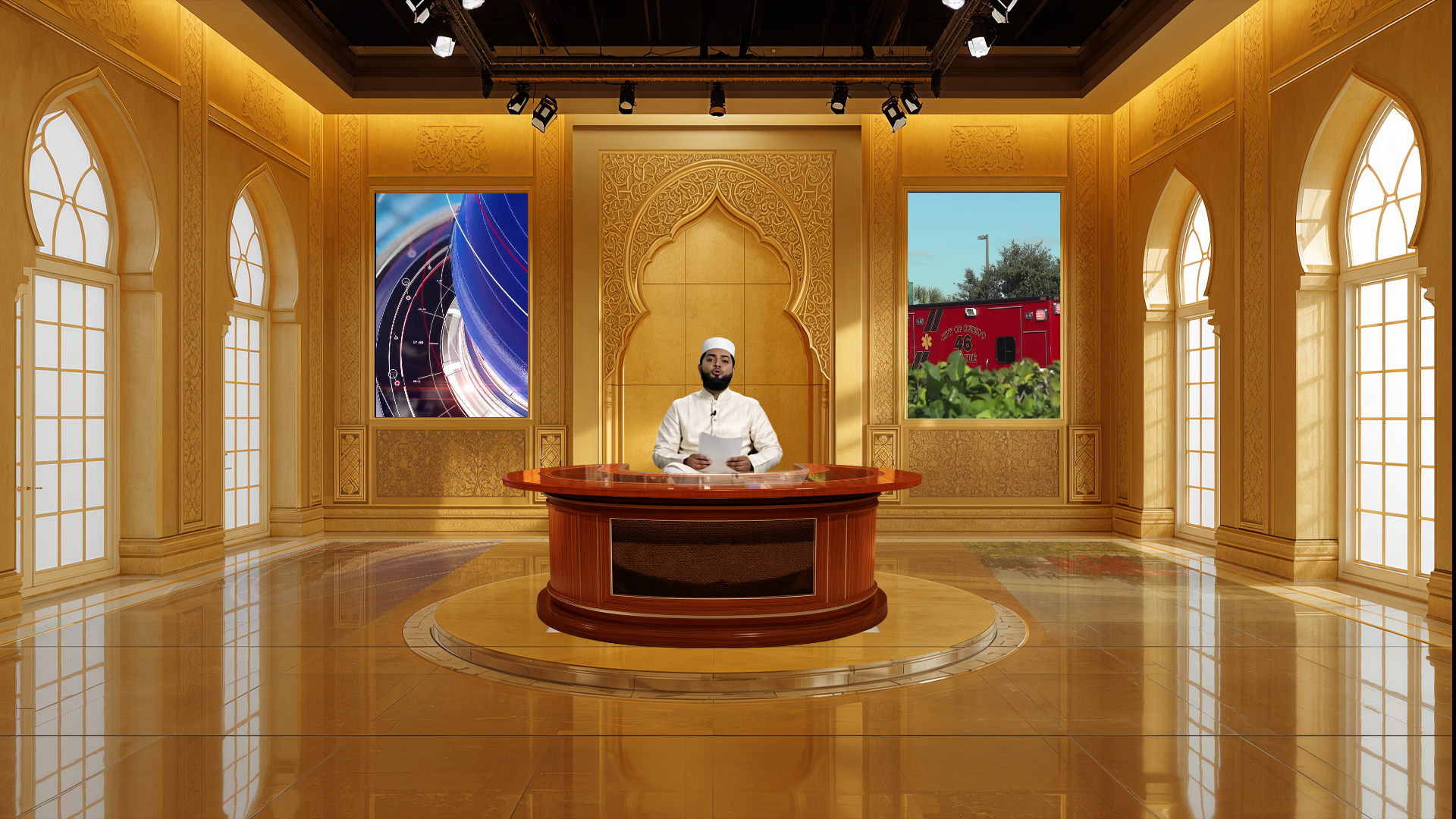 Professional Virtual Studio Set for vMix talk show and news broadcast with customizable green screen backgrounds and multiple camera angles