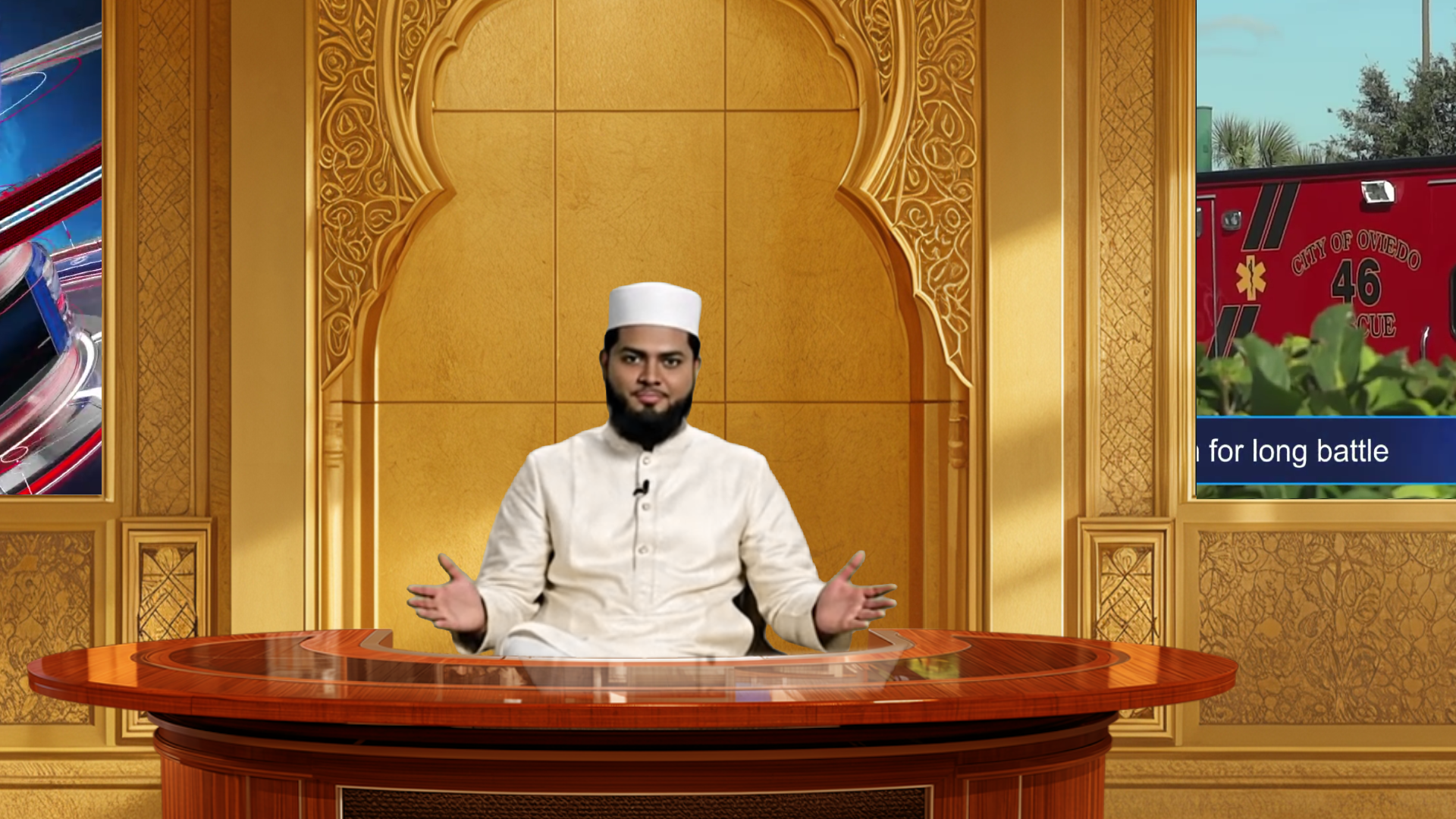 Professional virtual studio set for vMix talk show and news broadcasting with customizable green screen backgrounds and multiple camera angles