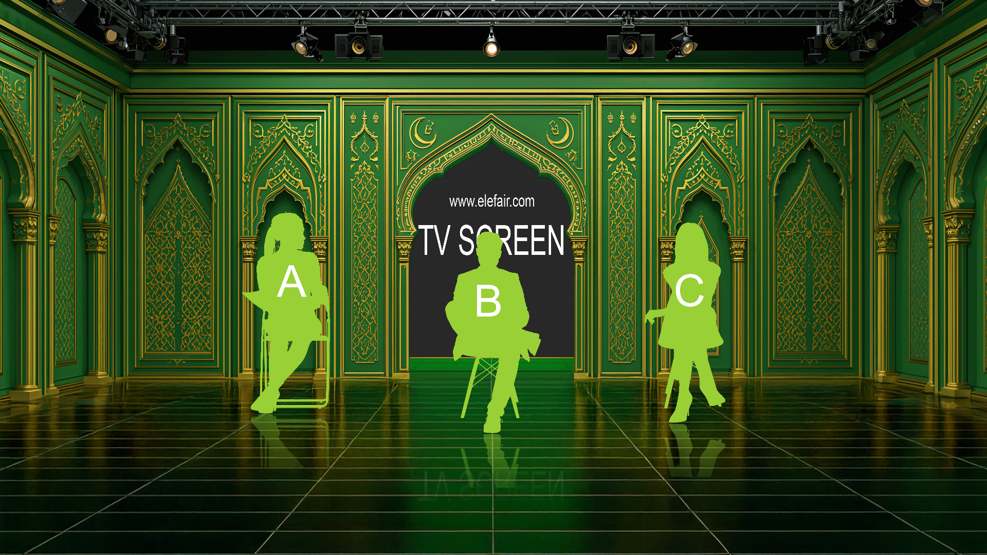 Professional virtual studio set for vMix featuring customizable talk show and news broadcast backgrounds optimized for green screen use