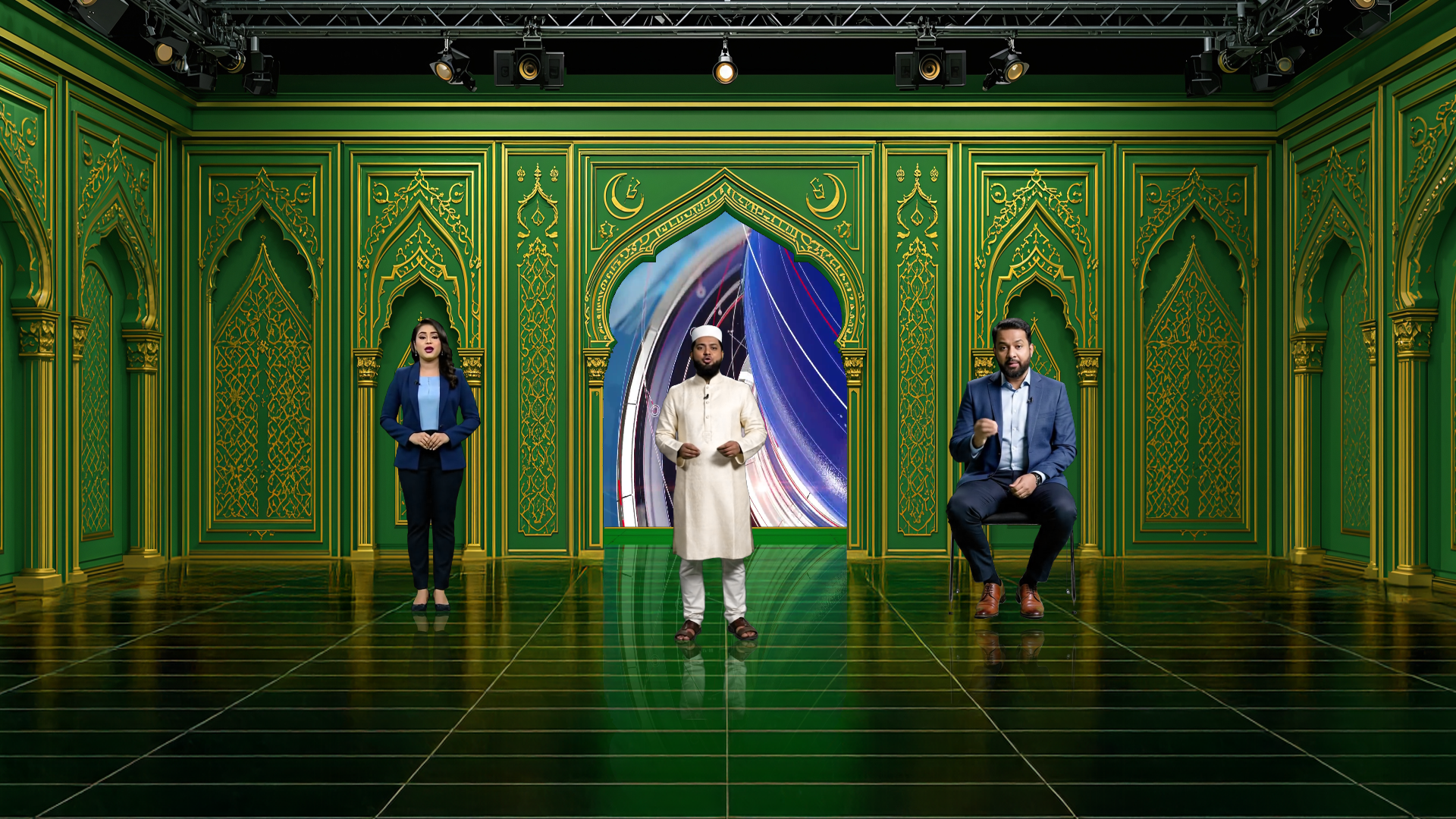 Professional virtual studio set for vMix with customizable talk show and news backgrounds optimized for green screen broadcasting