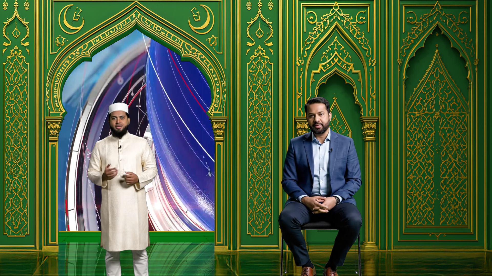 Professional virtual studio set for vMix talk show and news broadcasts with customizable green screen backgrounds and multiple camera angles