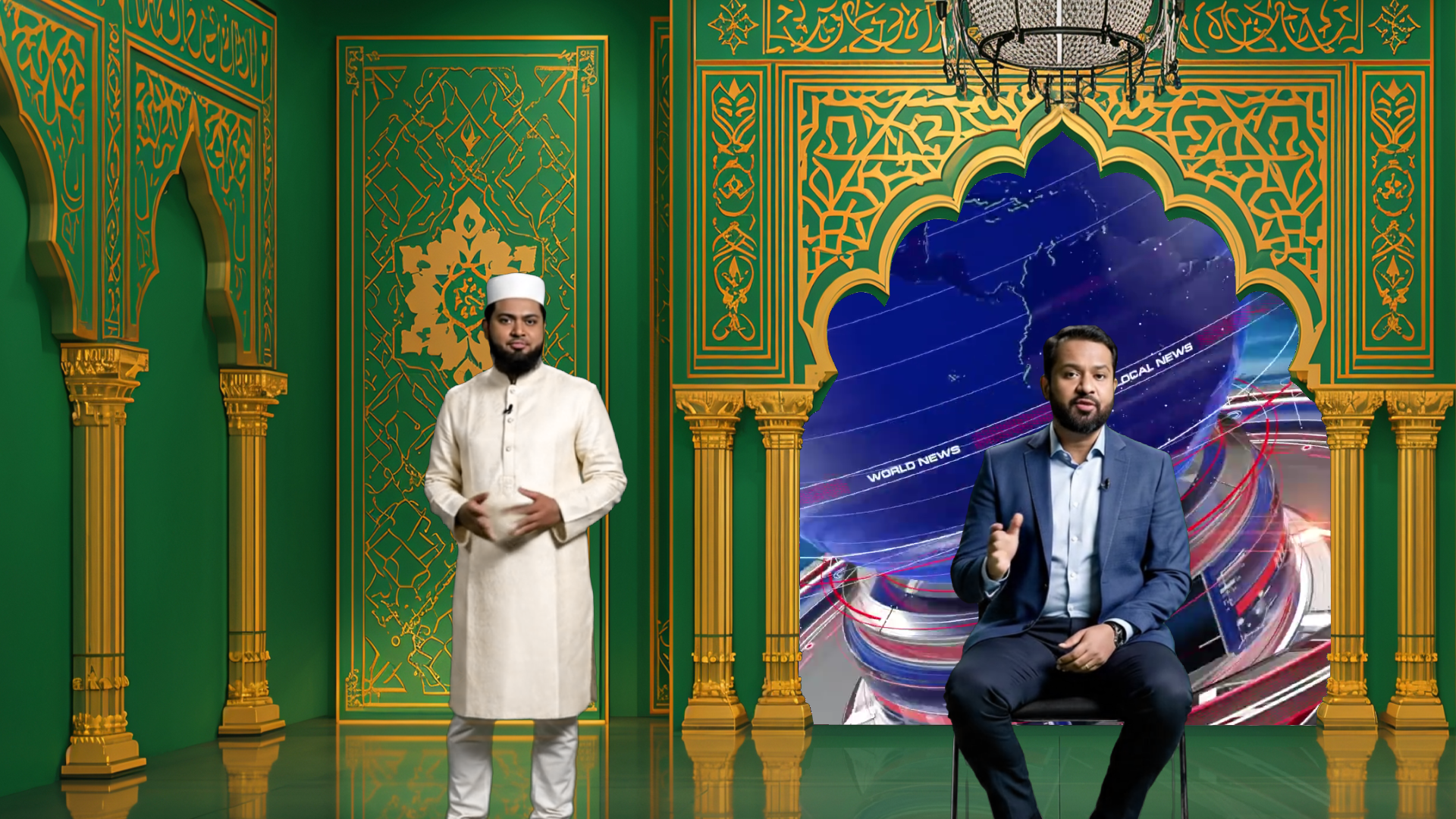 Professional virtual studio set for vMix talk show and news broadcasts with customizable green screen backgrounds