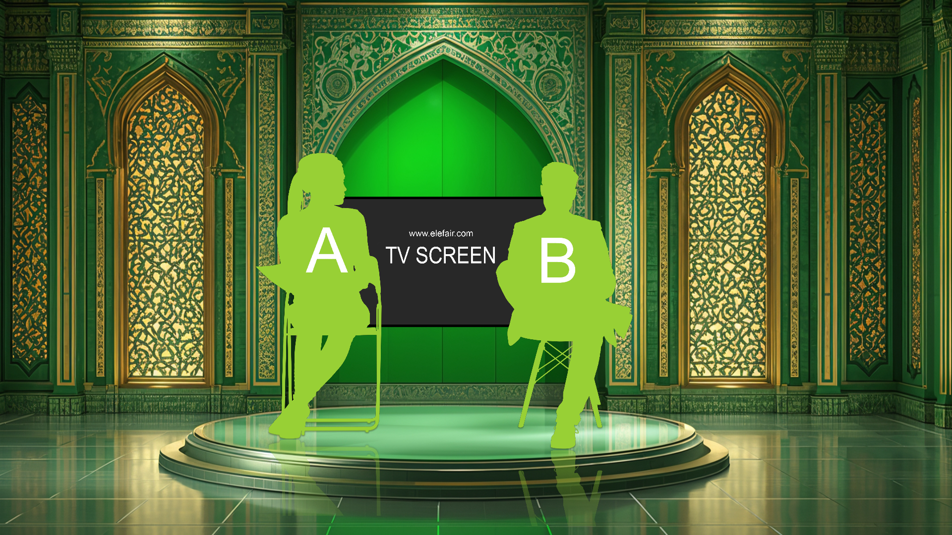 Digital design of a professional virtual studio set by elefair, suitable for vMix, talk shows, and news broadcasts.
