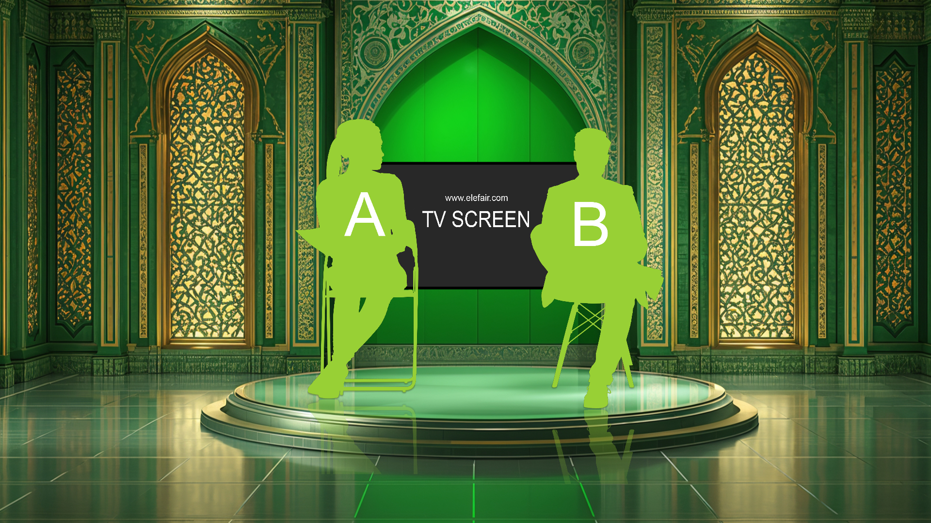 Digital design of a professional virtual studio set for vMix, Talk Show, and News, by elefair, featuring modern studio background.