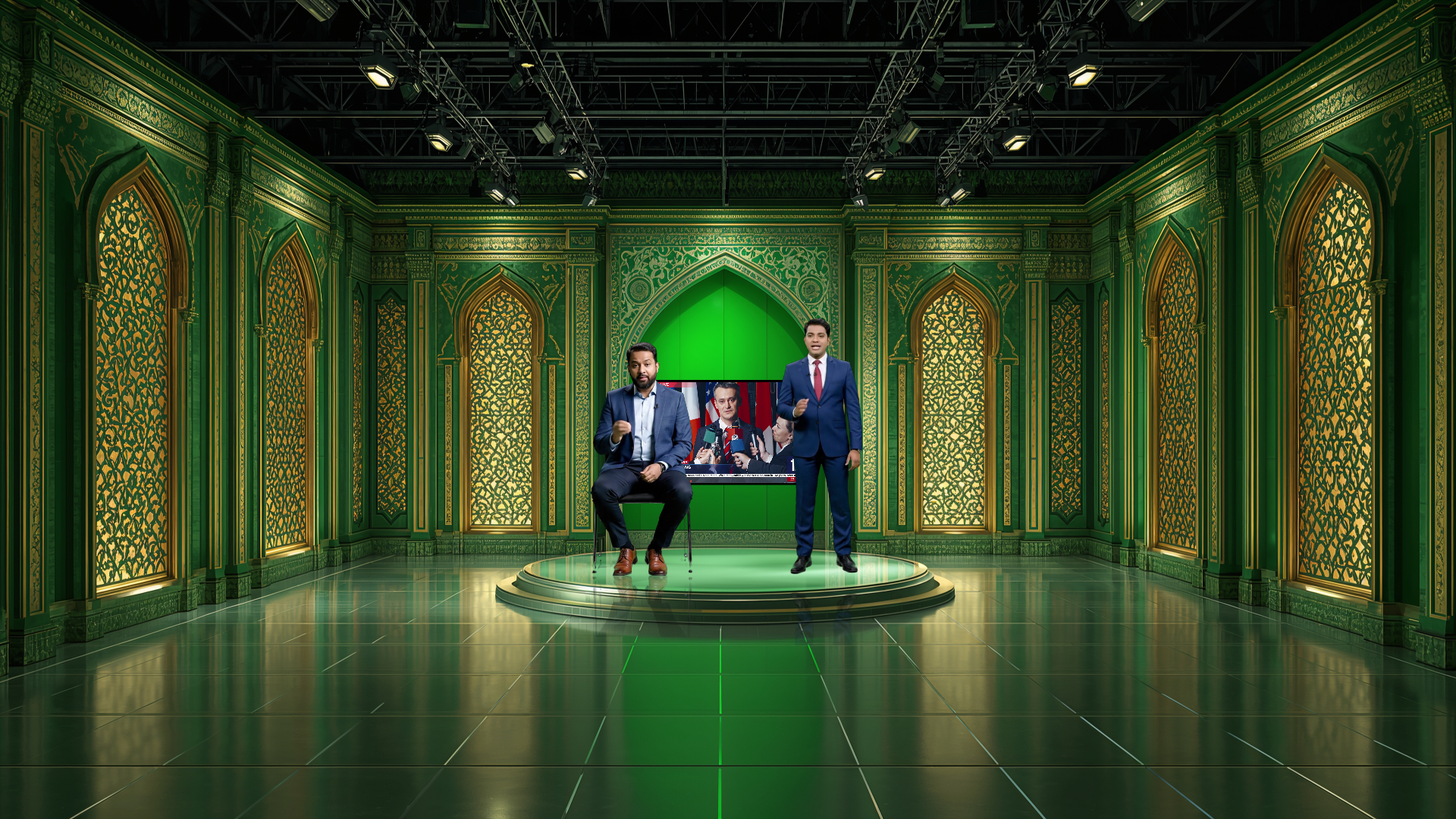 Digital design of elefair professional virtual studio set for vMix, ideal for talk shows and news broadcasts.