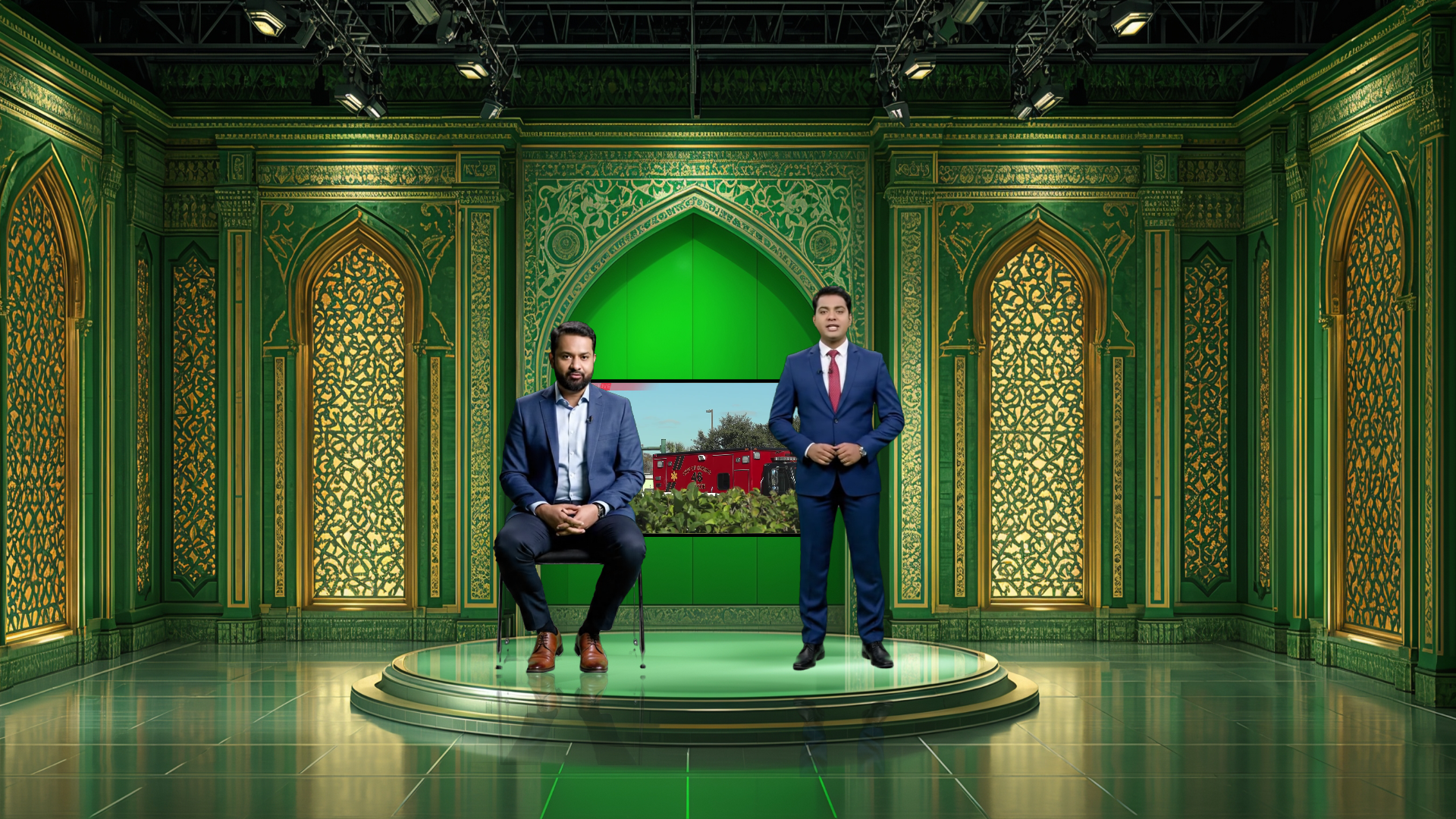 Digital design of a professional virtual studio set by elefair for vMix, talk shows, and news broadcasts, featuring modern studio graphics.