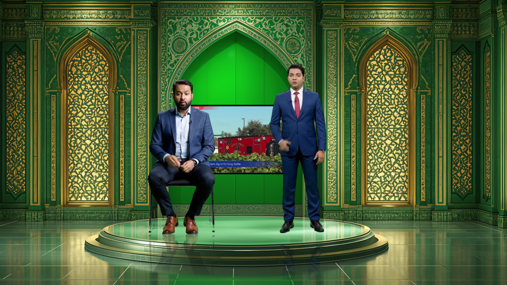 Digital design of elefair's professional virtual studio set for vMix, talk shows, and news broadcasts, with a sleek modern background.