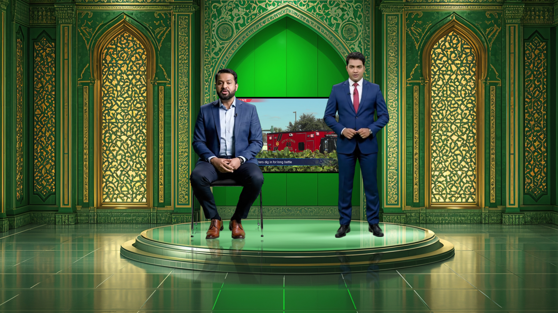 Digital design of elefair professional virtual studio set for vMix, talk shows, and news broadcasts with realistic studio background.