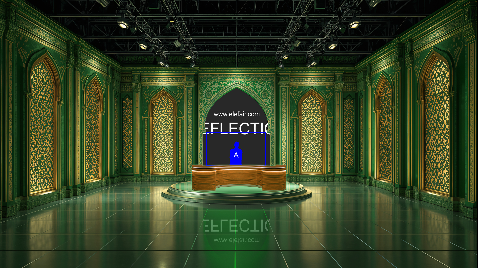 Digital design of professional virtual studio set for vMix, talk show, and news by elefair, featuring modern TV set visuals.