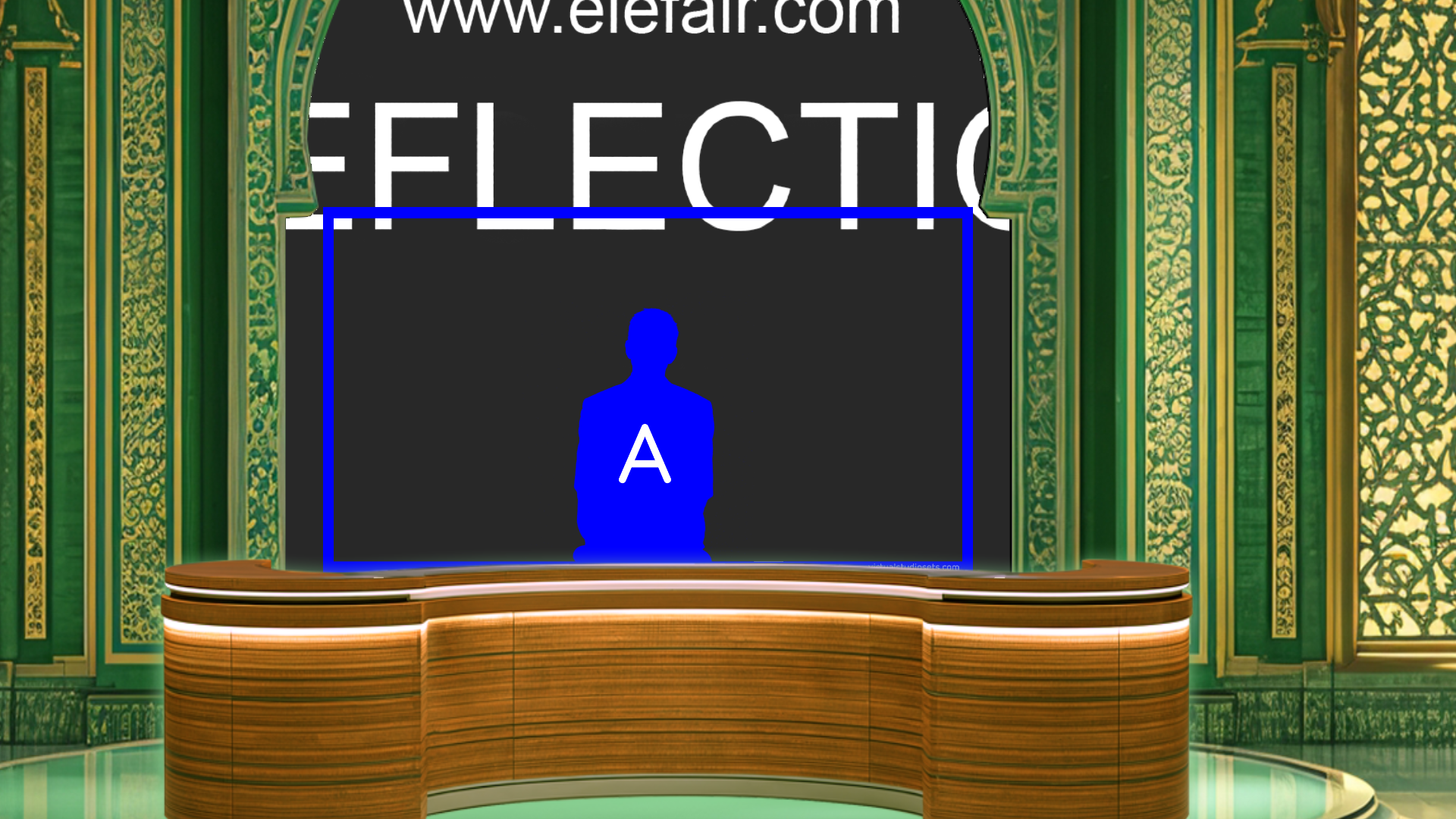 Digital design of elefair's professional virtual studio set for vMix, talk shows, and news broadcasts with modern studio visuals.