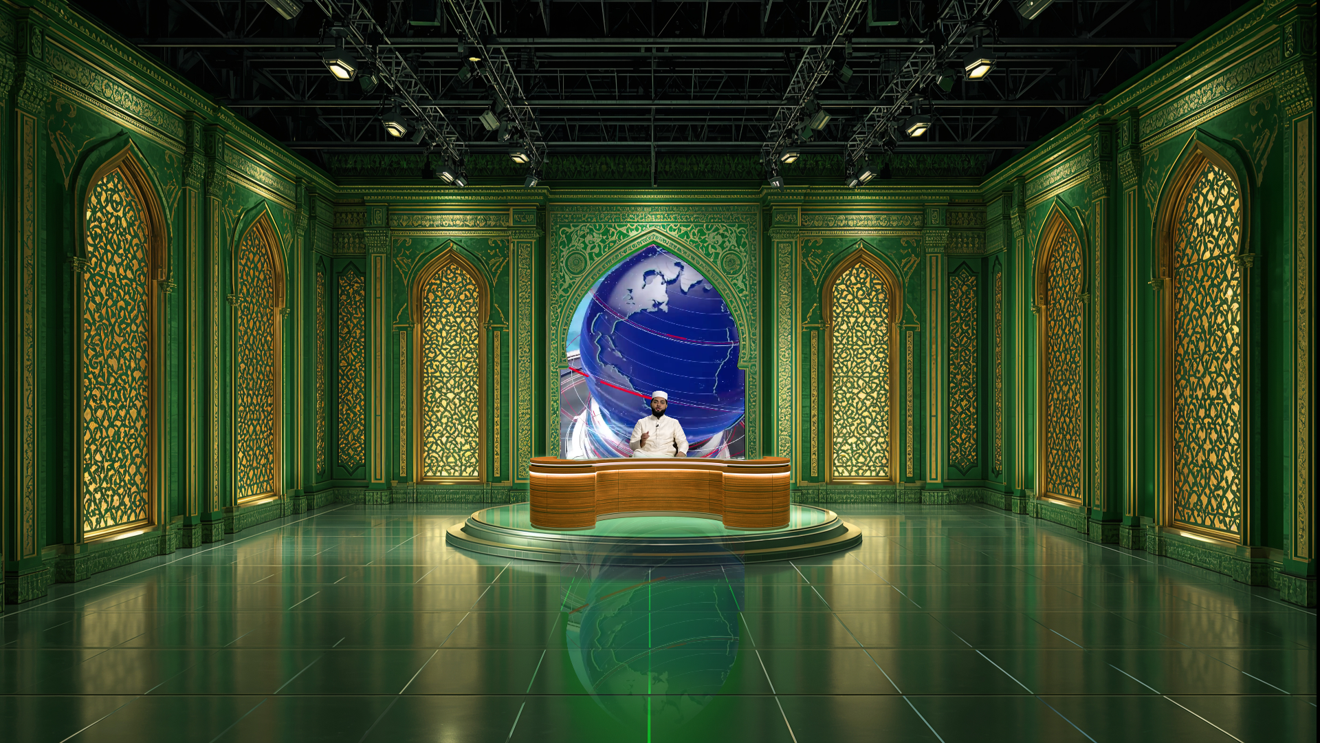 Digital design of elefair's professional virtual studio set for vMix, talk show, and news productions, featuring modern studio graphics.
