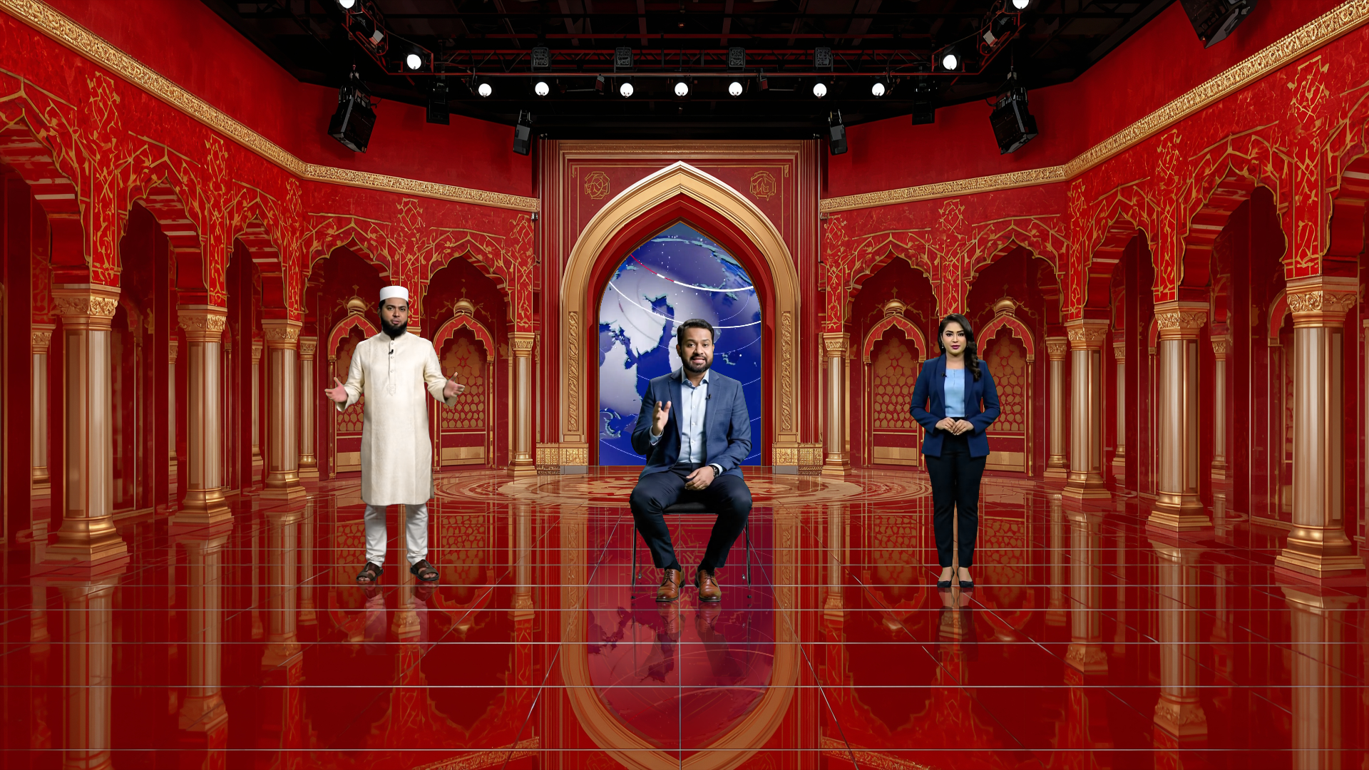 Professional virtual studio set designed by elefair for vMix, ideal for talk shows and news broadcasts with digital scenery.