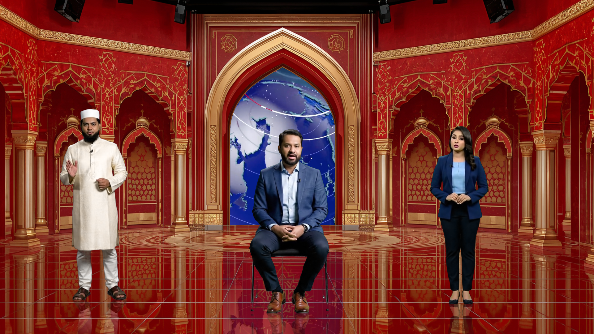 Digital design of a professional virtual studio set by elefair, suitable for vMix talk shows and news broadcasts.