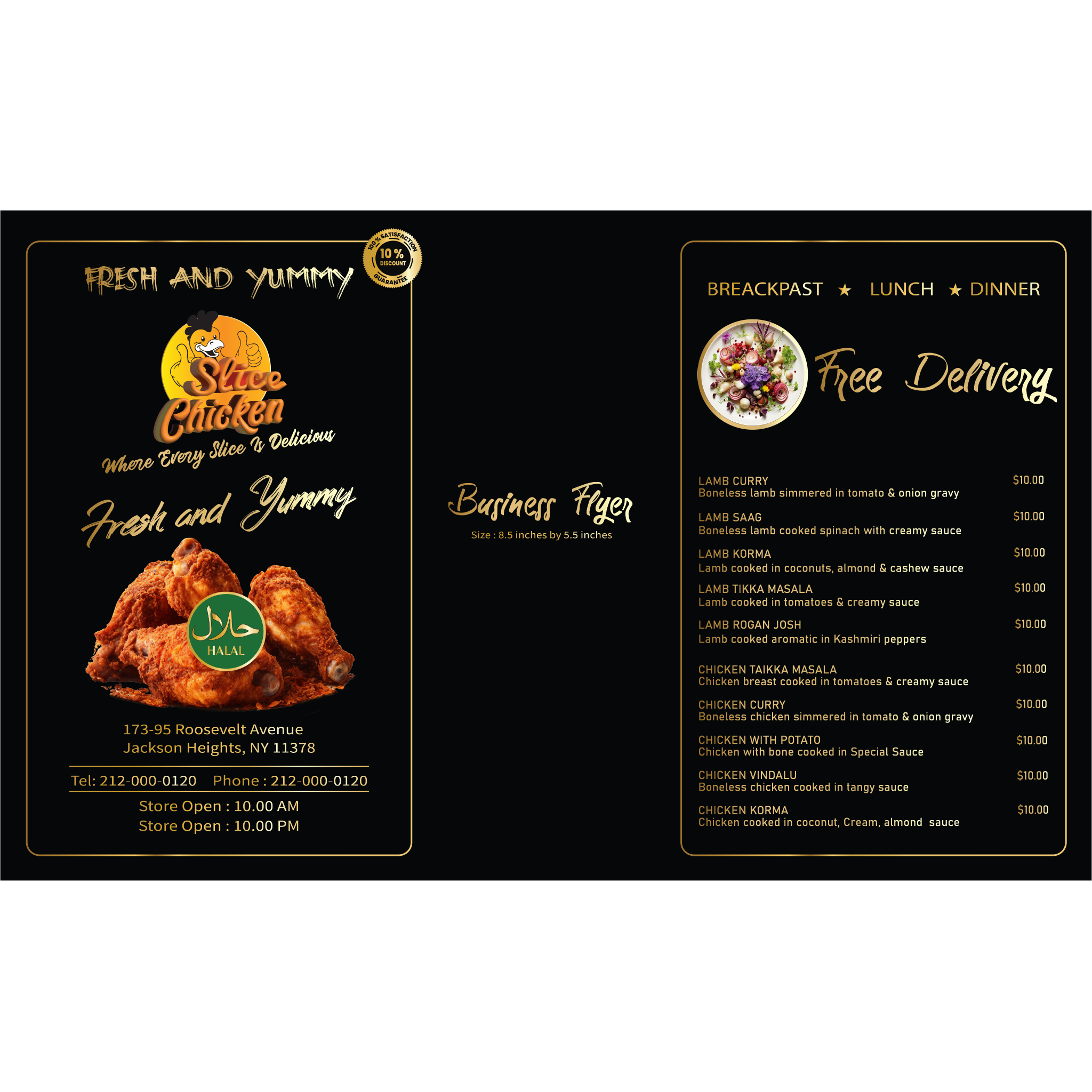 Digital design featuring a restaurant menu, flyer, and business card layout by elefair, showcasing professional branding elements.