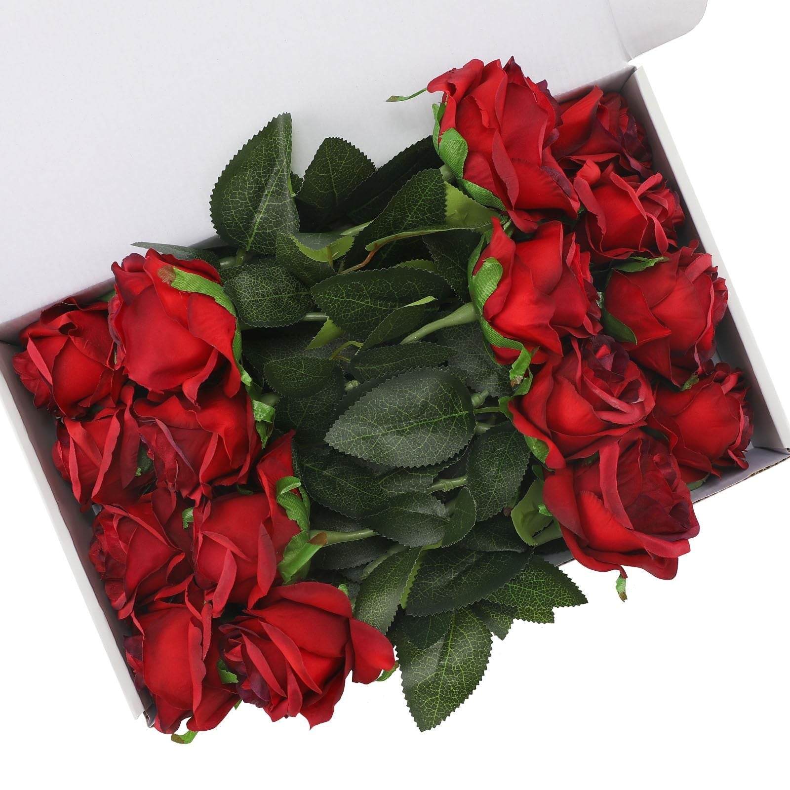 16 pcs burgundy artificial silk roses with stems for wedding and home decor