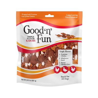 Good ‘n’ Fun Triple Flavor Kabobs dog chews with beef, chicken, and pork hide, 24oz pack
