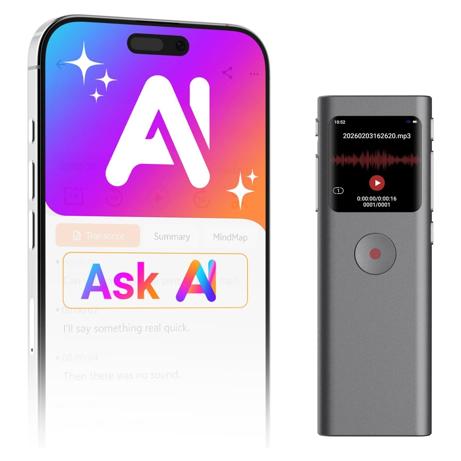 Yorlu AI digital voice recorder with transcribe and summarize features, showing a compact device with microphone and display screen.