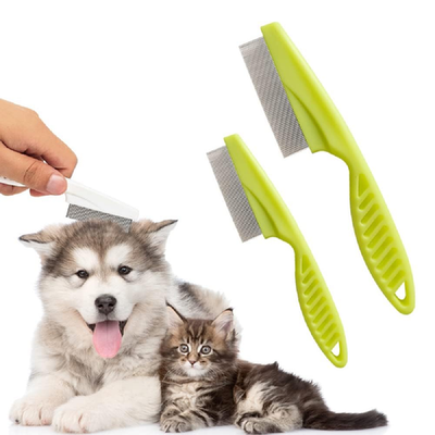 2-pack stainless steel pet grooming comb set with green ergonomic handles for tear stain, mat, and tangle removal