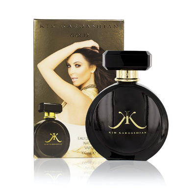 Kim Kardashian Gold Eau De Parfum spray bottle in gold packaging