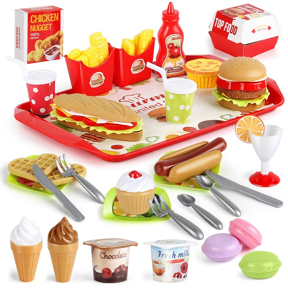 59-piece fast food kitchen toy set with plastic burgers, fries, ice cream, and utensils for kids pretend play