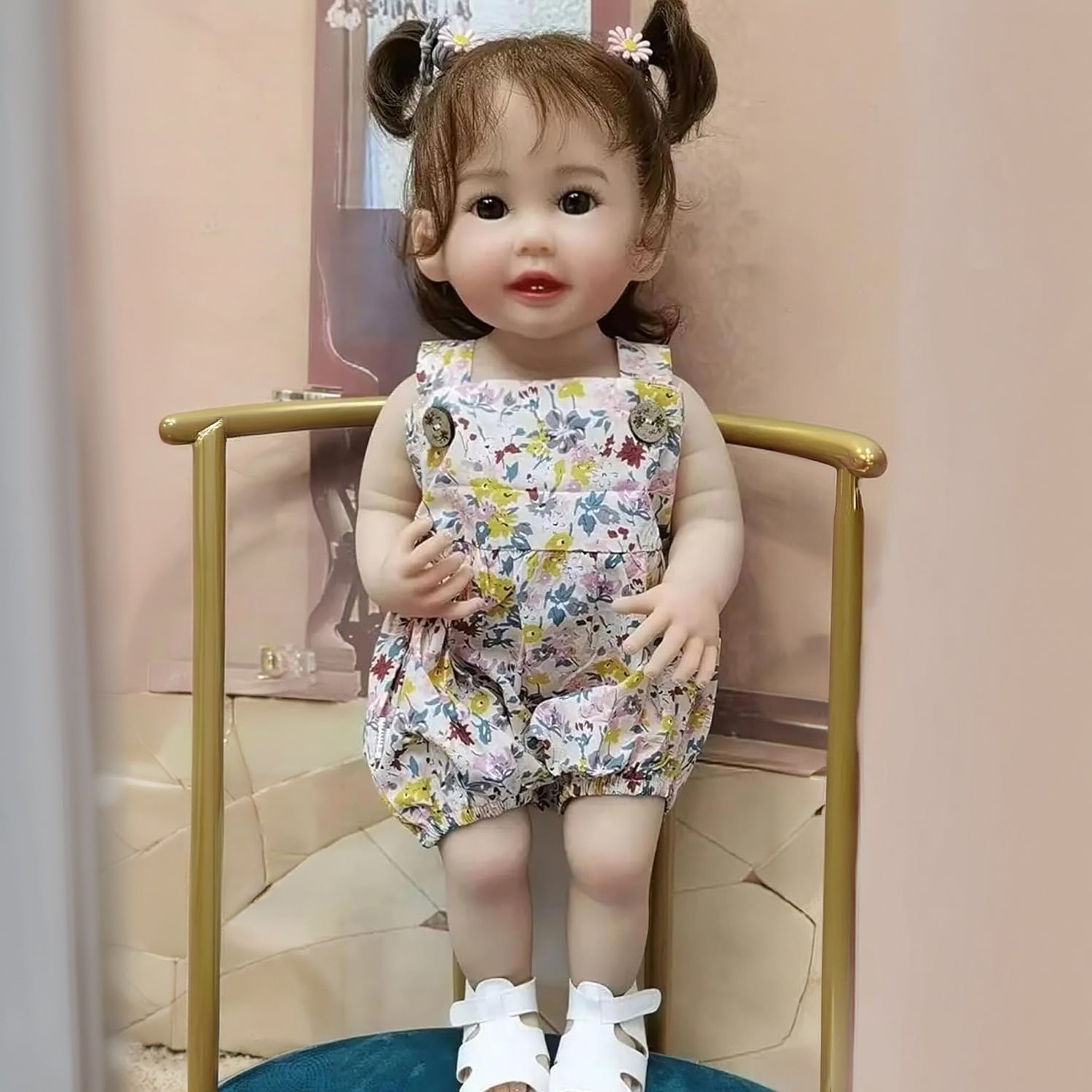 TERABITHIA 22" lifelike reborn baby doll in floral jumpsuit, full silicone body, modern style