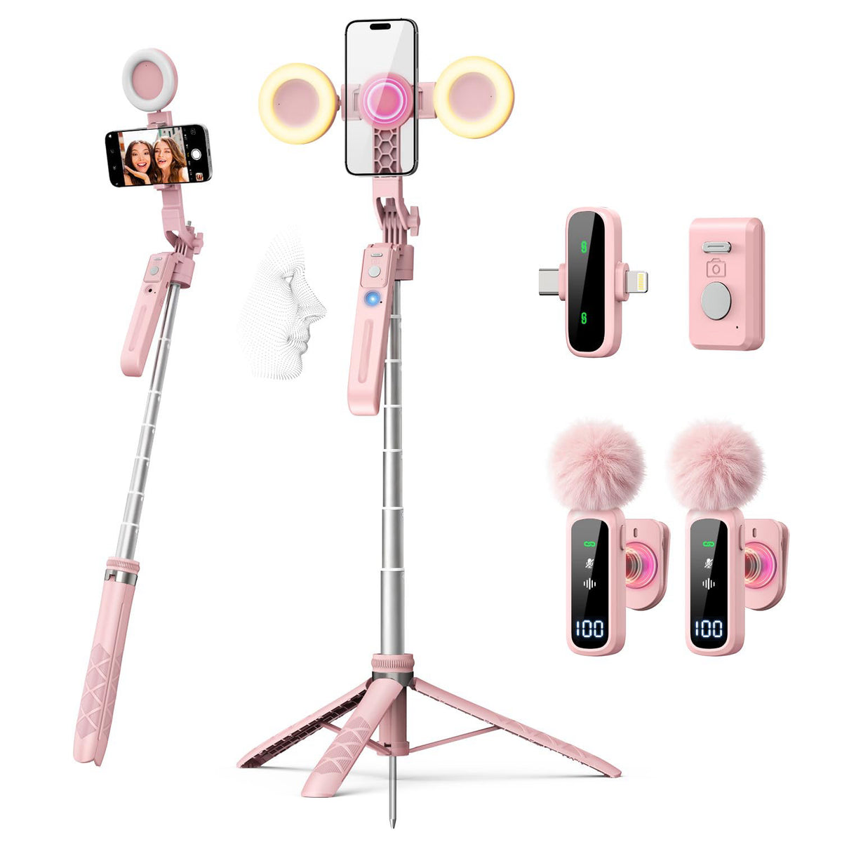Pink Vlogging Kit for iPhone Android 71 Magnetic Auto Face