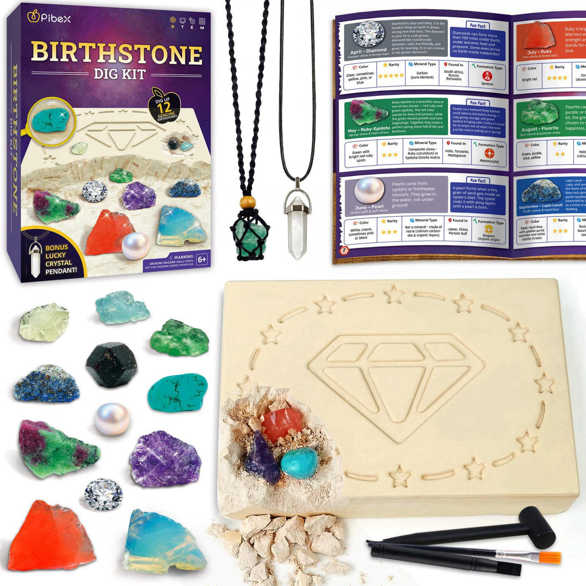 Birthstone Dig Kit 12 Real Gems DIY Necklace Crystal Pendant