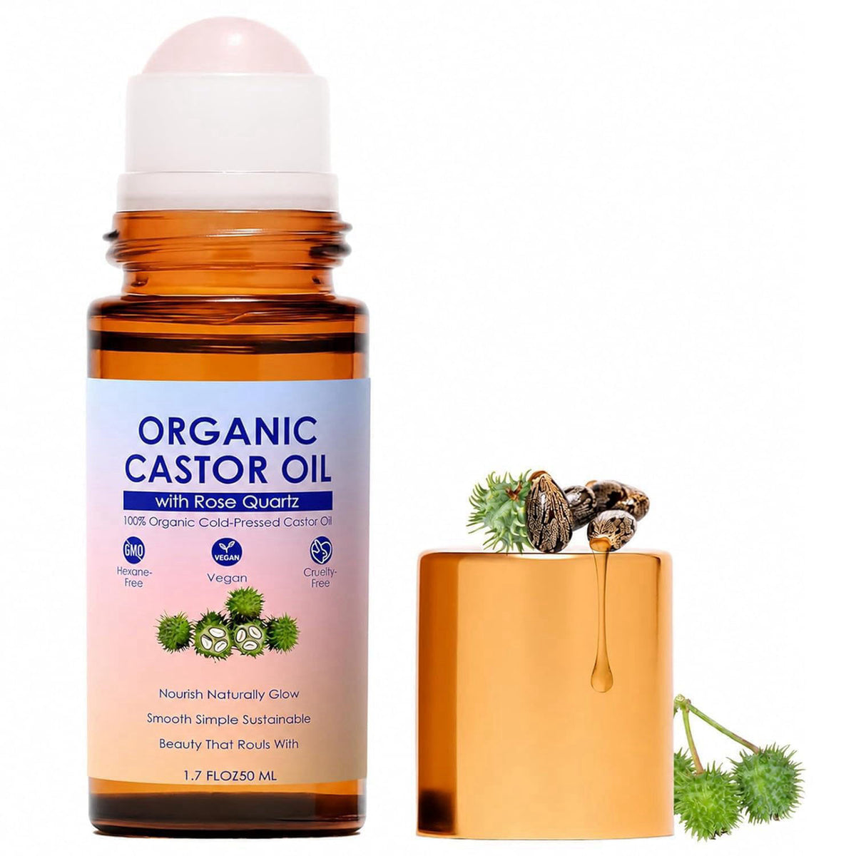 Organic Castor Oil Rose Quartz Roller Ball 100 Cold Pressed