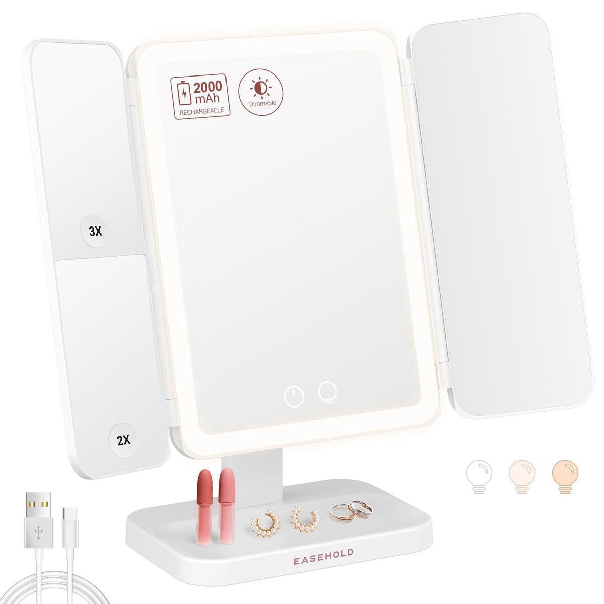 EASEHOLD 2000mAh Rechargeable Lighted Makeup Vanity Mirror — view 2