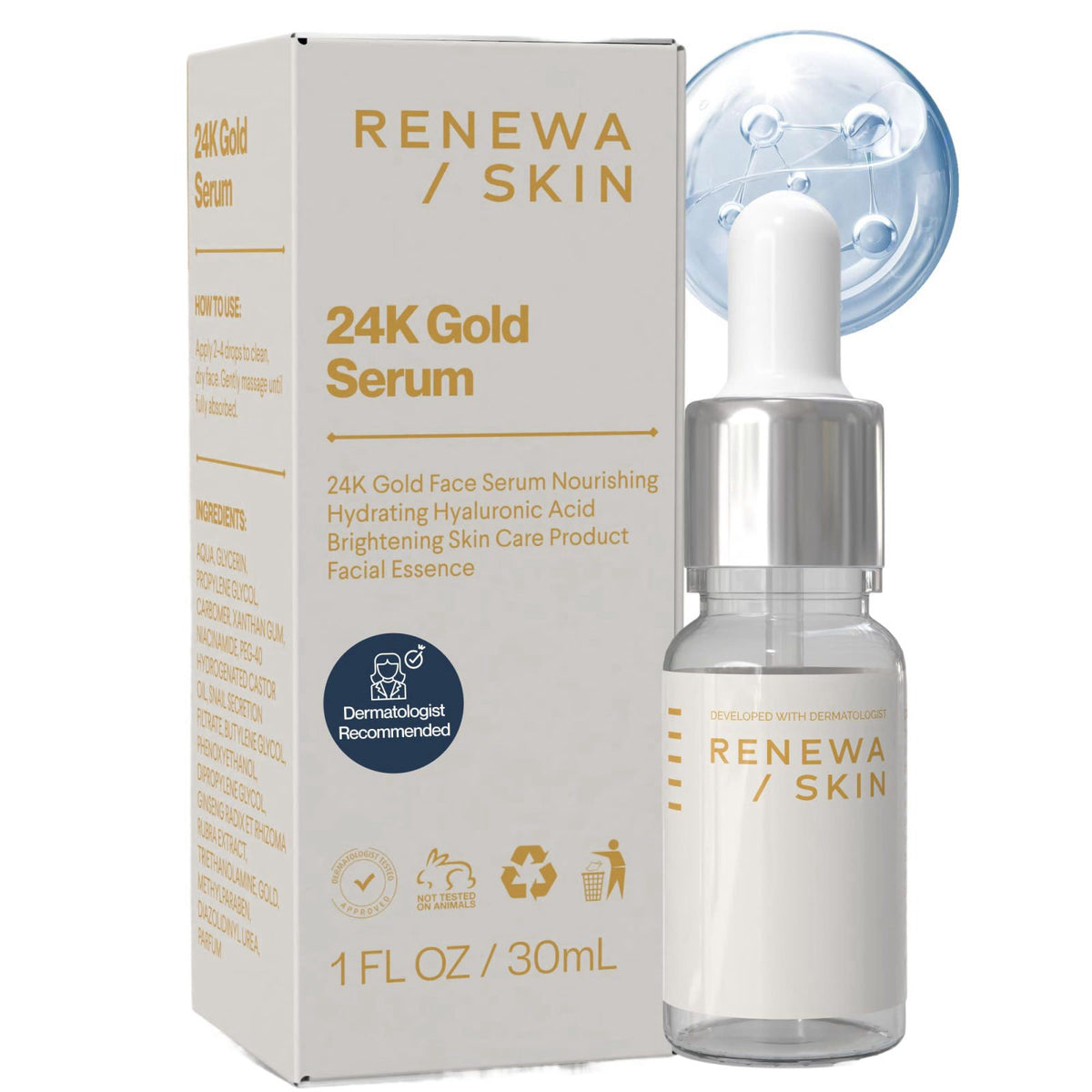 24K Gold Niacinamide Serum for Face Hydrating Brightening by Renewa Skin — view 2