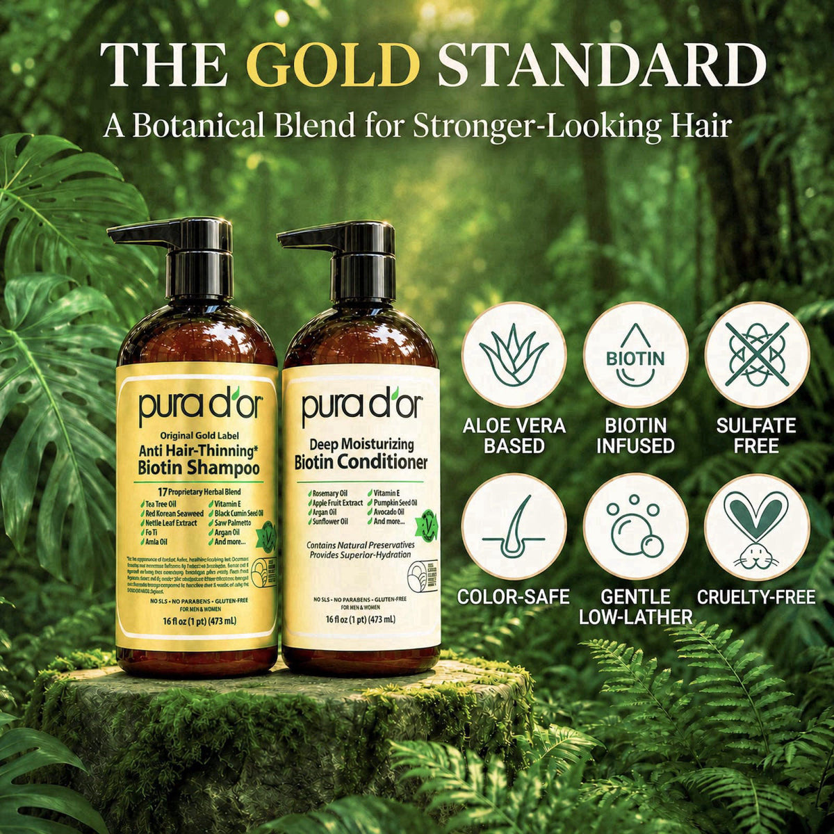 PURA D'OR Gold Label Anti-Thinning Biotin Shampoo & Conditioner, 16oz x2 – back view and specifications