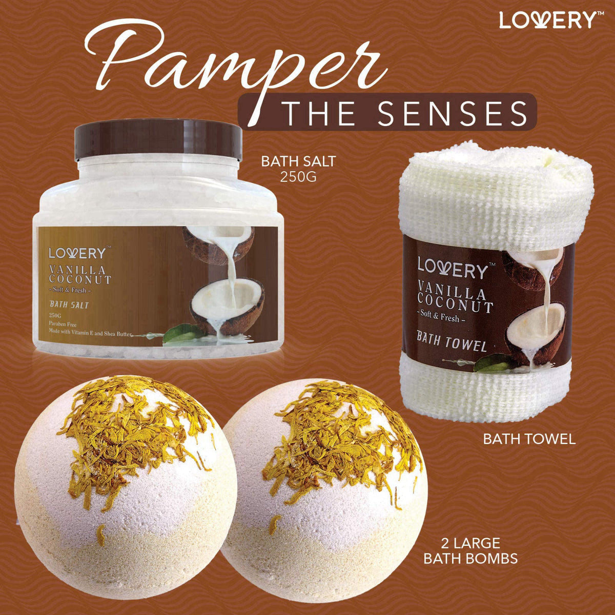 LOVERY Gifts For Women Gift Basket for Women– 9 Piece Set of Vanilla Coconut Home Spa Set, Luxurious Gifts for Her, Bath