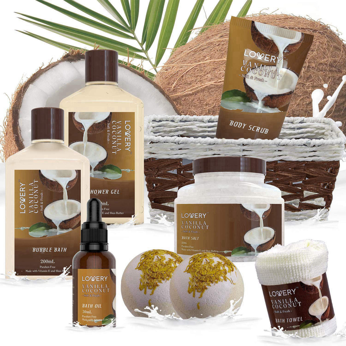 LOVERY Gifts For Women Gift Basket for Women– 9 Piece Set of Vanilla Coconut Home Spa Set, Luxurious Gifts for Her, Bath