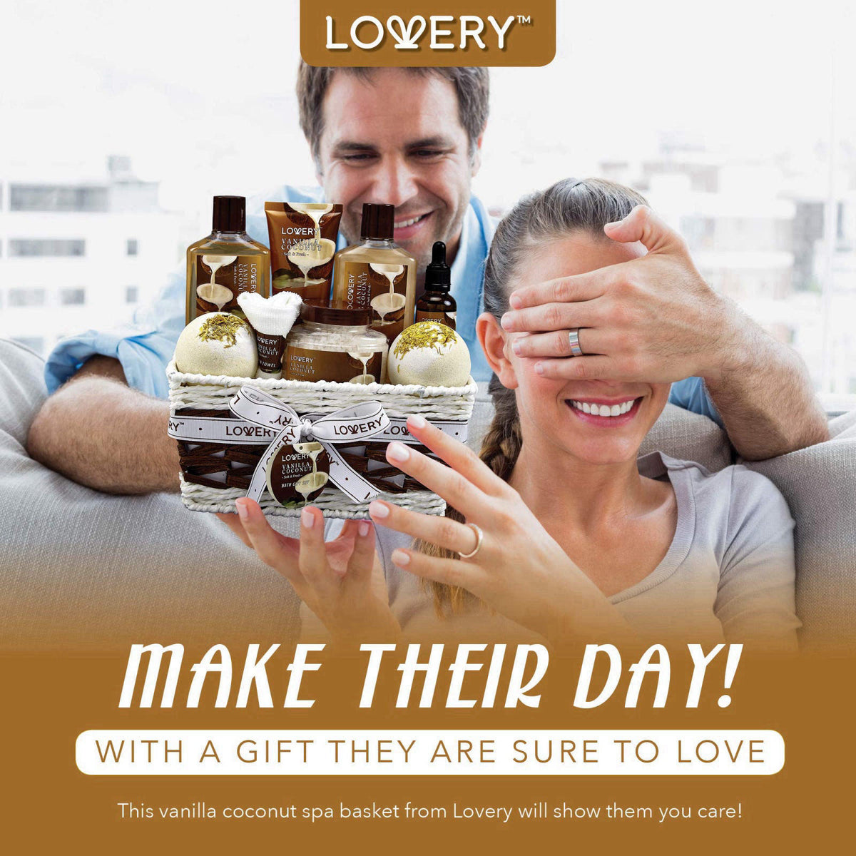 LOVERY Gifts For Women Gift Basket for Women– 9 Piece Set of Vanilla Coconut Home Spa Set, Luxurious Gifts for Her, Bath