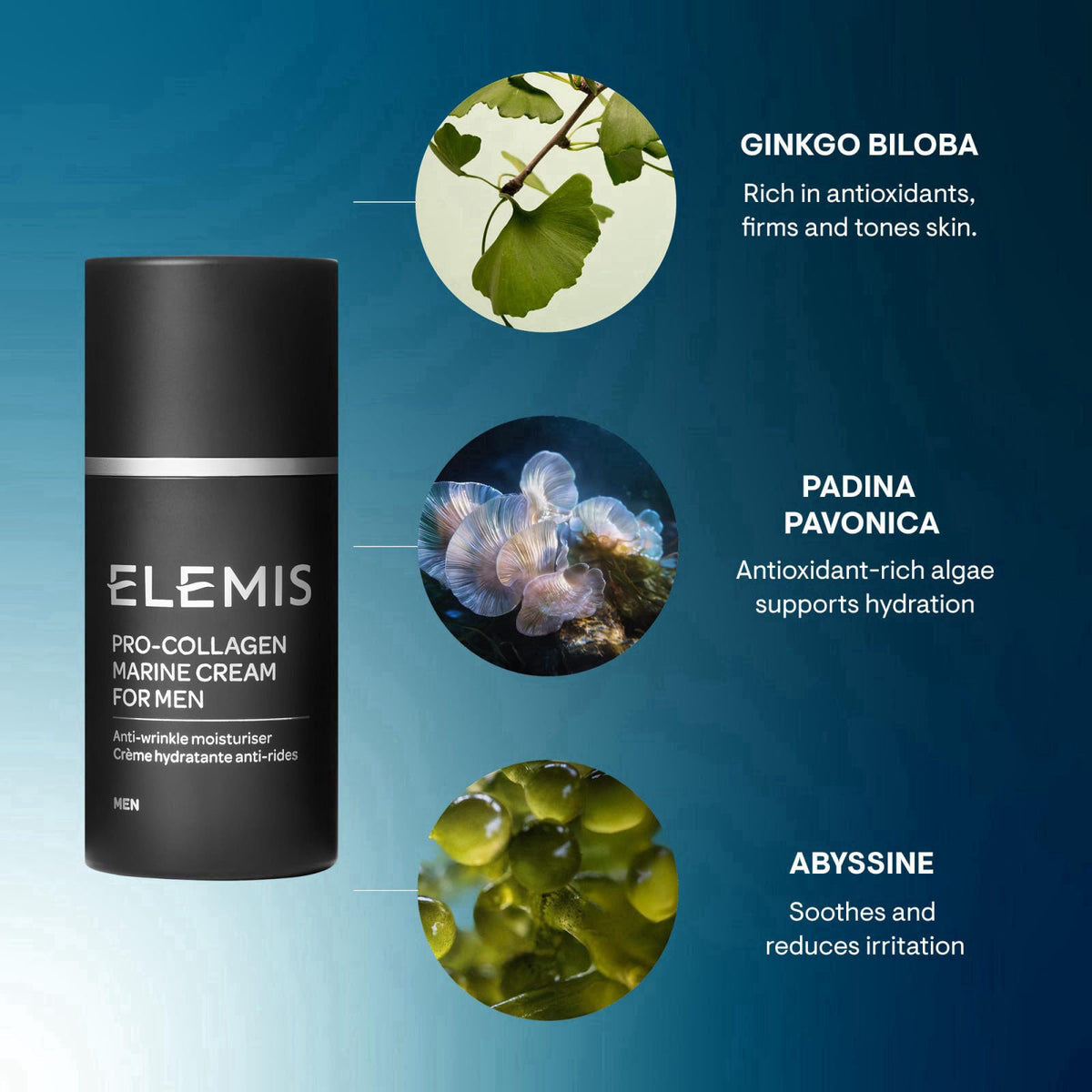 ELEMIS Pro-Collagen Marine Cream for Men, Fragrance-Free Moisturizer, 30ml – back view and specifications