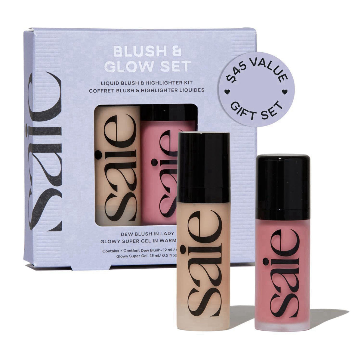 Saie Blush & Glow Gift Set - Dew Blush in Lady & Glowy Super Gel Liquid Highlighter & Makeup Primer in Warmglow - Skinca