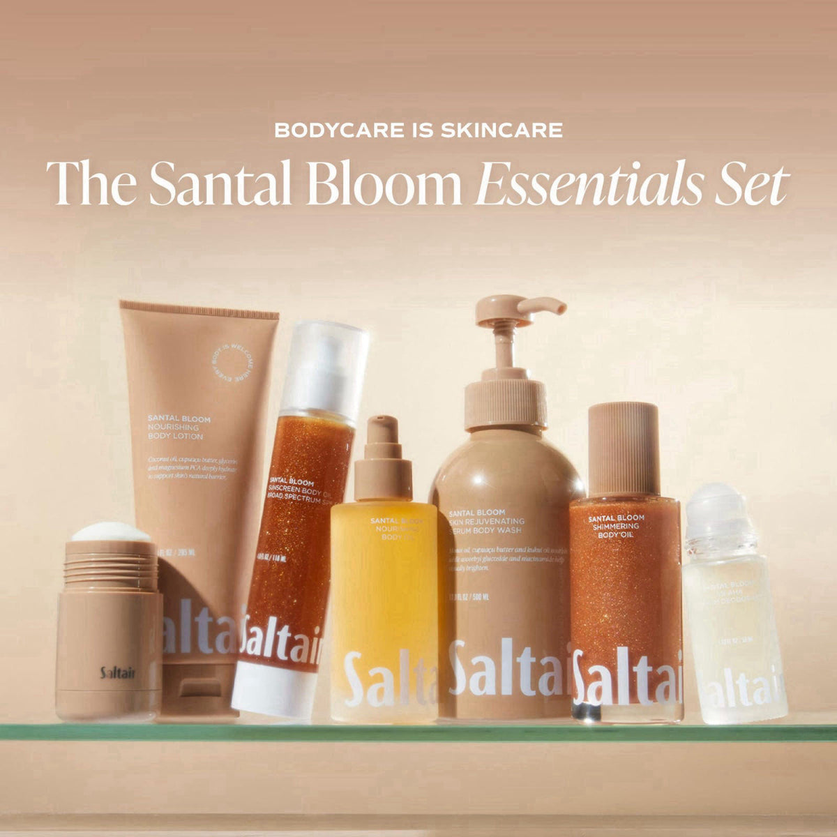 Saltair Shimmering Body Oil | Santal Bloom Radiant Moisturizer | 4 fl oz – packaging and label