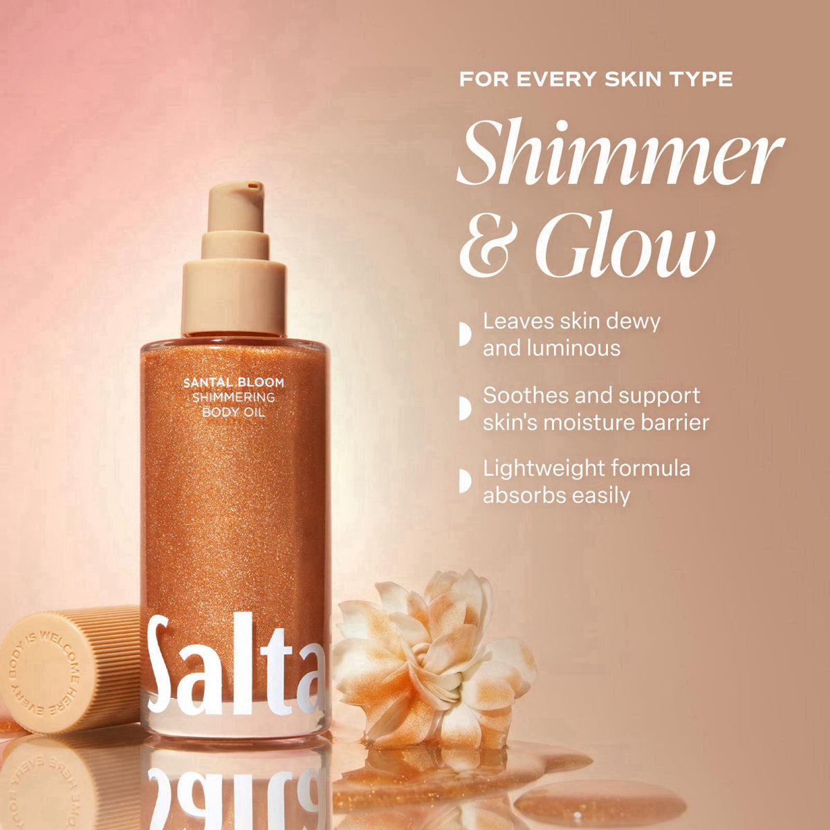 Saltair Shimmering Body Oil | Santal Bloom Radiant Moisturizer | 4 fl oz – back view and specifications