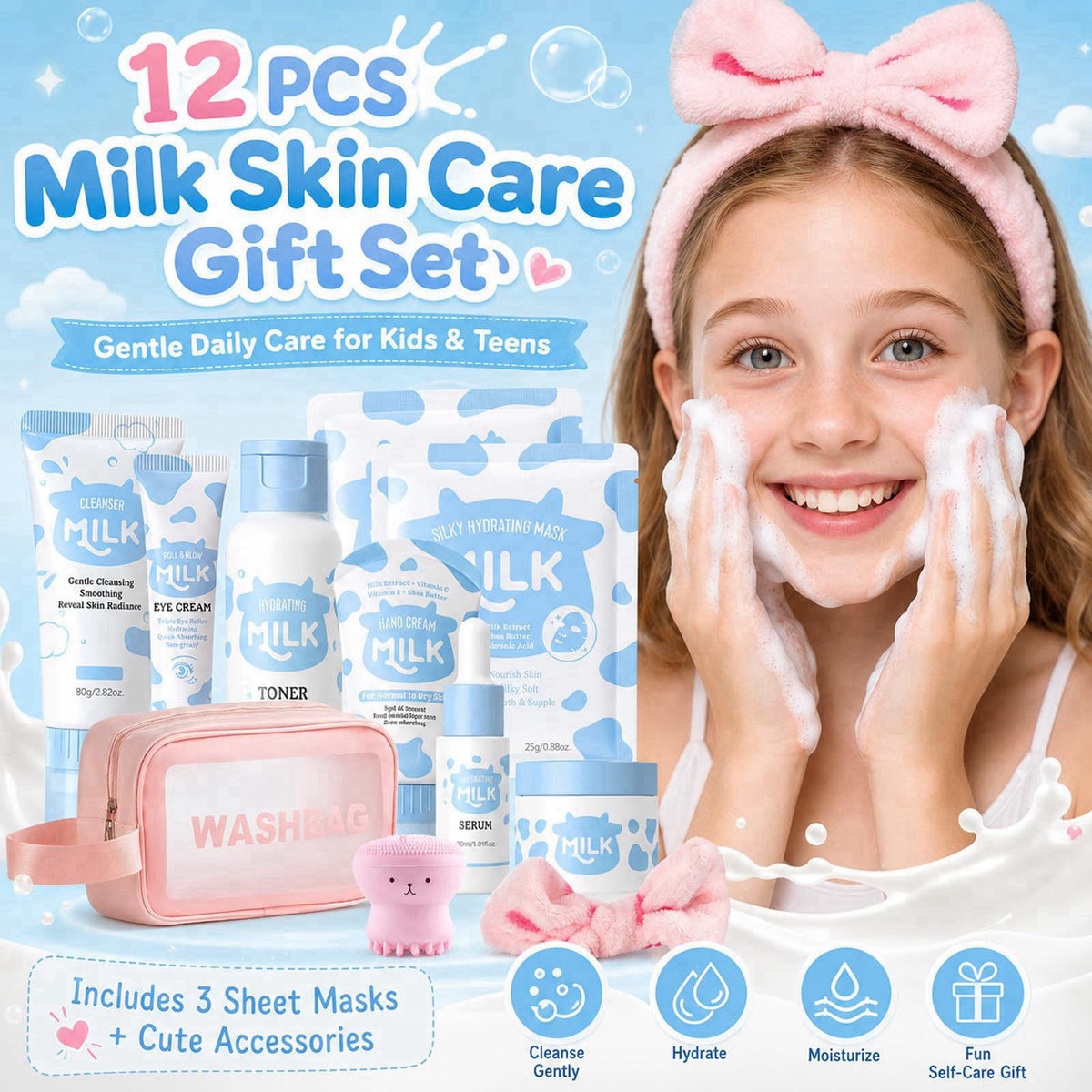Milk Skin Care Set for Kids Teens 12 IN 1 Moisturizing Milk