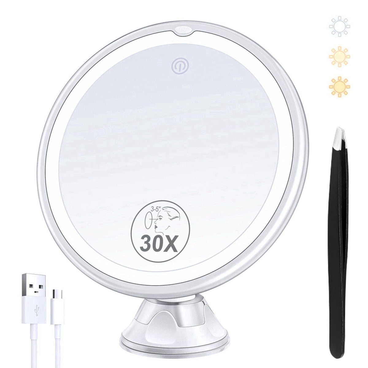B Beauty Planet Lighted Makeup Mirror with 30X Magnification, 30X Magnifying Mirror Suction Cup with Light, 3 Color Mode
