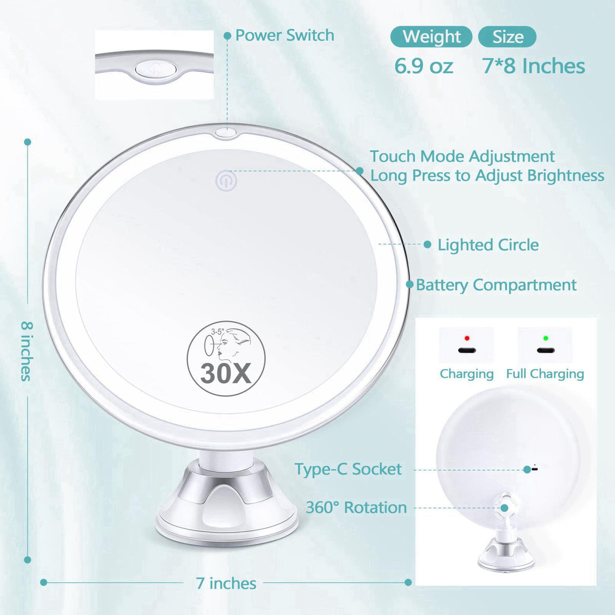 B Beauty Planet Lighted Makeup Mirror with 30X Magnification, 30X Magnifying Mirror Suction Cup with Light, 3 Color Mode